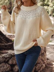 SHEIN LUNE Pointelle Knit Raglan Sleeve Sweater - Beige - View 4