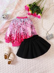 女嬰亮片效果飛行員夾克&半身裙 - 粉色 - 查看 2