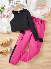 SHEIN 女孩不對稱領T恤&翻蓋口袋長褲 - 玫紅色 - 查看 3