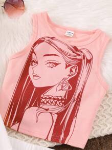 Teen Girl Letter & Figure Graphic Hoodie & Tank Top & Sweatpants