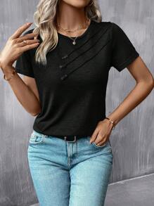 SHEIN LUNE Solid Button Detail Round Neck Short Sleeves Tee,Casual - Black - View 5