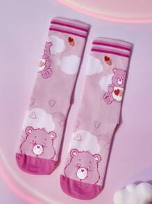 SHEIN X Care Bears 2 Pairs Women Striped & Heart Design Mid Calf Socks, Purple & Pink