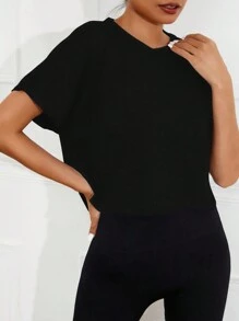 Easithlete 纯色插肩袖短款运动 T 恤健身上衣修身衬衫运动背心 - 黑色 - 查看 3