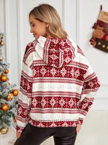 SHEIN LUNE Christmas Print Drop Shoulder Drawstring Hoodie - Red and White - View 3