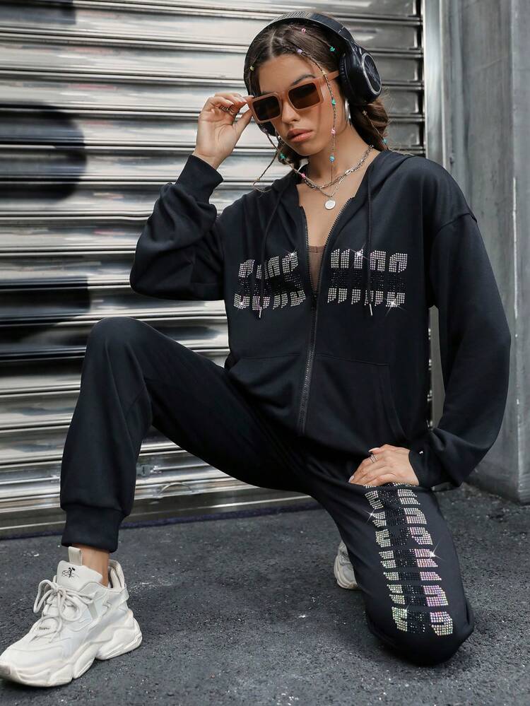 Rhinestone Letter Pattern Drop Shoulder Zipper Fly Drawstring Hoodie & Sweatpants