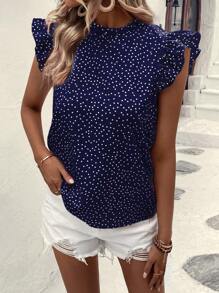 SHEIN VCAY Polka Dot Print Ruffle Trim Mock Neck Butterfly Sleeve Blouse - Navy Blue - View 4
