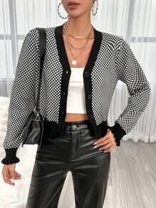 SHEIN Privé Cardigan mit Karo Muster, Kontrast Saum, Knopf vorne, - Schwarz und Weiss - Übersicht 2