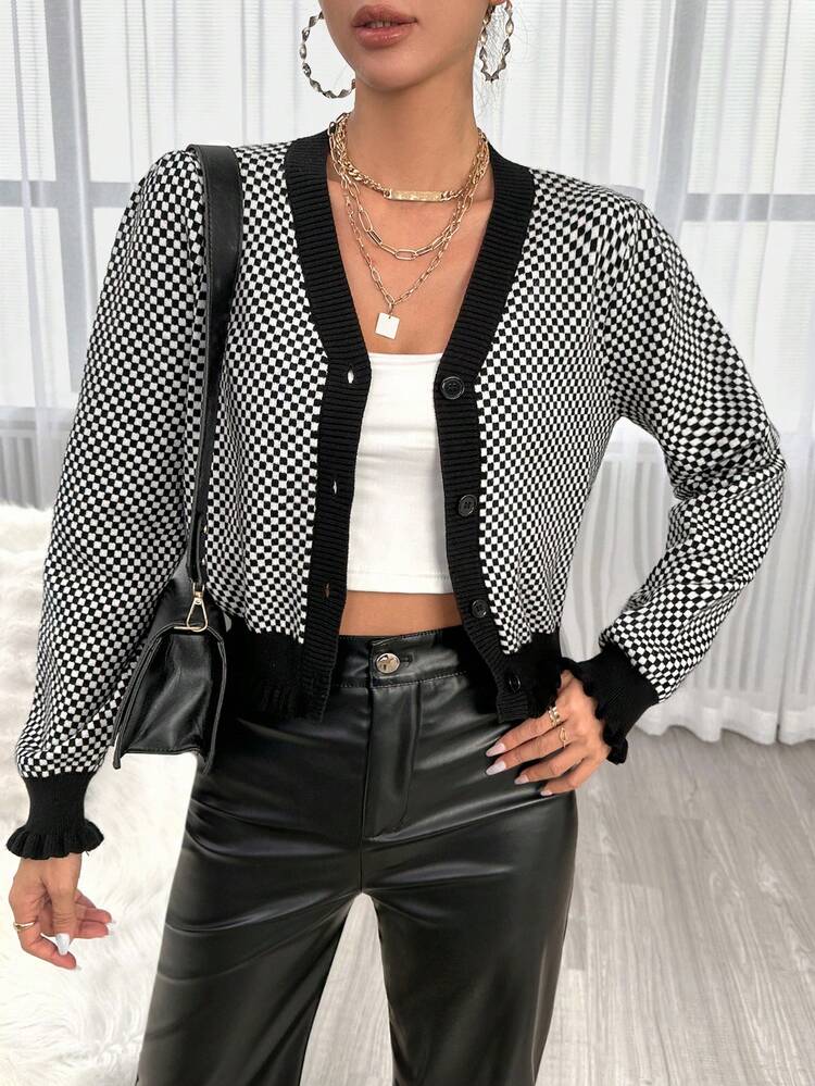 Checker Pattern Contrast Trim Button Front Cardigan