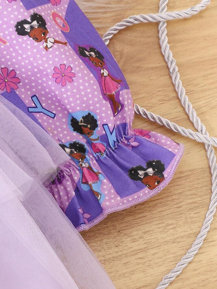 Baby Girl Floral Print Flare Sleeve Bow Front Mesh Hem Dress