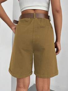 RueChic Slant Pocket Bermuda Belted Denim Shorts - Camel - View 2