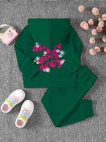 SHEIN 女童花卉和標語圖案連帽衫和運動褲 - 綠色 - 查看 3