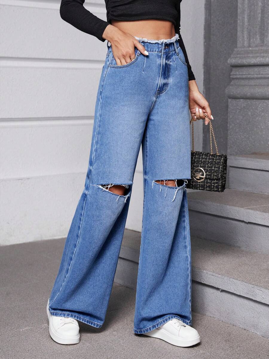 SHEIN Essnce Rách Xén Thô quần ống rộng Quần jean - Rửa nhẹ - Xem 1