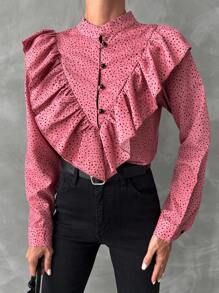 EURMUSE Polka Dot Print Ruffle Trim Button Front Shirt - Pink - View 3