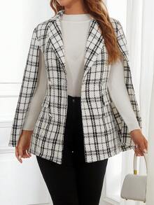 SHEIN Privé 格子印花斗篷袖西裝外套 - 白色 - 查看 3