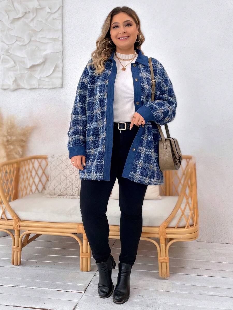 SHEIN LUNE Plus Plaid Pattern Drop Shoulder Teddy Coat - Multicolor - View 1