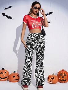 SHEIN EZwear Quần ống loe in họa tiết cạp cao - Đen và trắng - Xem 5