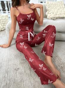 蝴蝶印花吊带上衣和裤子 睡衣套装 / 睡衣套装 - 紅色 - 查看 4