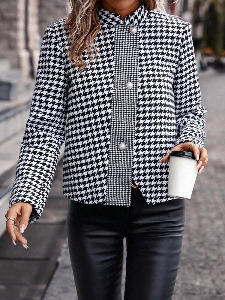 Houndstooth Print Button Front Jacket