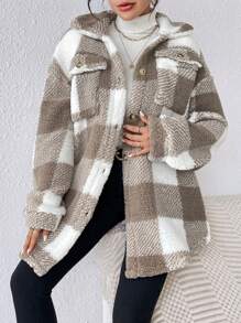 SHEIN Frenchy Buffalo Plaid Pattern Flap Pocket Drop Shoulder Teddy Coat - Multicolor - View 5