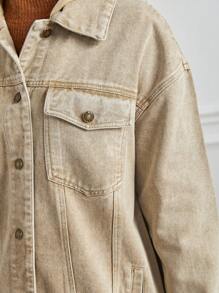 Teen Girl Flap Pocket Drop Shoulder Denim Jacket - Khaki - View 4