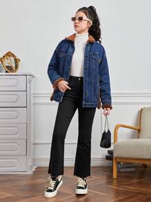 Teen Girl Teddy Panel Denim Jacket - Dark Wash - View 4