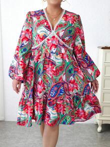 SHEIN LUNE Plus Paisley Print Guipure Lace Insert Lantern Sleeve Ruffle Hem Dress - Multicolor - View 3