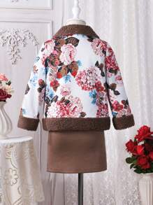 SHEIN Young Girl Floral Print Teddy Panel Jacket & Skirt - Multicolor - View 2