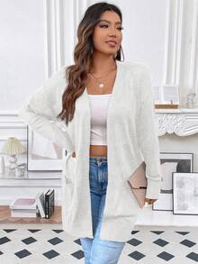 SHEIN Franclia Áo khoác cardigan dáng rộng có túi đôi thả vai - Màu be - Xem 6