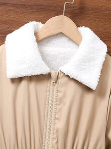 SHEIN Cô gái Tween Dây kéo Lót Teddy áo - Màu Khaki - Xem 3