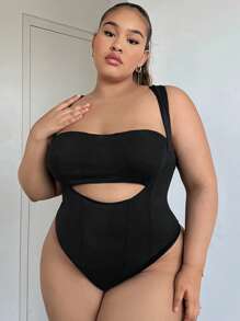 SHEIN SXY Plus Solid Cut Out Front Cami Bodysuit - Khaki - View 5