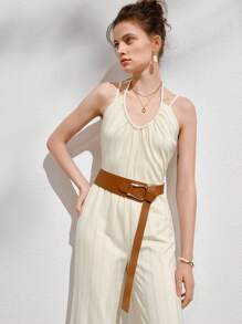 素色繞頸連體褲不附腰帶 - 米色 - 查看 3