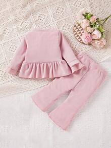 Đứa bé gái Nơ mặt trước Áo Peplum & Quần ống loe - Hồng - Xem 2