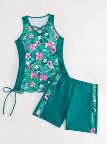 Swim Lushoire Summer Beach Tropical Print Criss Cross Drawstring Side Tankini - Dark Green - View 3
