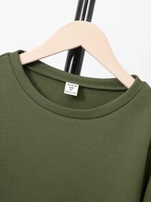 SHEIN 3 件套青少年男孩休闲圆领运动衫 + 基本款长裤 + 拉链斜挎包，羊毛，加厚 - 墨綠色 - 查看 8