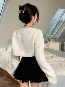 DAZY Solid Crop Teddy Jacket,Thermal Lined - Beige - View 4