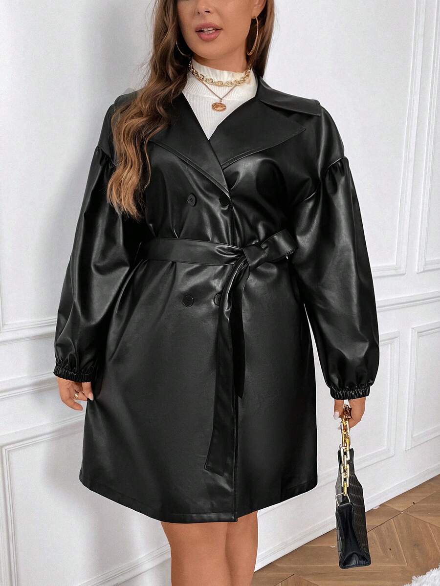 SHEIN Frenchy Plus Drop Shoulder Belted PU Leather Trench Coat - Black - View 1