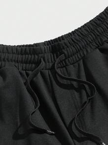 ROMWE MEN Goth Hombres Pantalones deportivos con estampado de letra de cintura con cordón - Negro - Ver 4