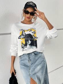 SHEIN Essnce 數字和字母圖形落肩運動衫 - 白色 - 查看 7