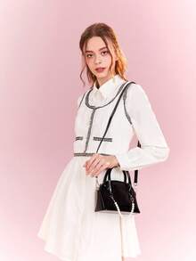 SHEIN MOD Women's Black Pu Leather Handbag With faux Pearl Chain Decoration, Double Handles, Adjustable Shoulder Strap, Zipper Closure, Minimalist And Multifunctional - Black - View 2