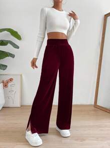 SHEIN Essnce 高腰開衩下擺直筒褲 - 酒紅色 - 查看 5