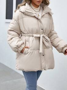 SHEIN Frenchy Plus Drop Shoulder Drawstring Waist Hooded Padded Coat - Apricot - View 3