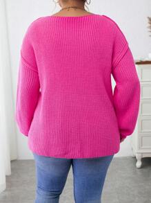 Calvaya 加大码落肩针织套头衫秋冬毛衣 - 玫紅色 - 查看 2