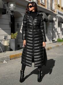 RueChic Zip Up Hooded Puffer Coat - Black - View 5