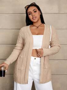 SHEIN EZwear 大码绞花针织落肩开衫 - 卡其色 - 查看 3