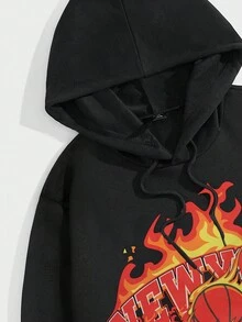 ROMWE MEN Prep Các bạn Đồ họa chữ & lửa Dây rút Hoodie - màu đen - Xem 3