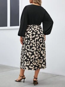 SHEIN Frenchy Plus Leopard Print Lantern Sleeve Overlap Collar Belted Dress - Black - View 2