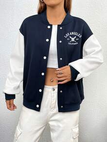 SHEIN EZwear Letter Graphic Two Tone Drop Shoulder Bomber Jacket - Navy Blue - View 6