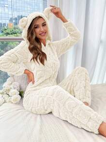 3D Ear Design Hooded Zipper Front Flannel Sleep Jumpsuit - Beige - View 1