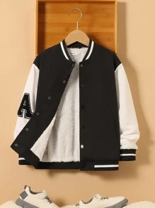 SHEIN Tween Boy Slogan & Lightning Print Two Tone Varsity Jacket - Black - View 2