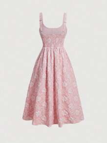 SHEIN MOD Dệt hoa Nút phía trước Váy Dây - Hồng - Xem 2
